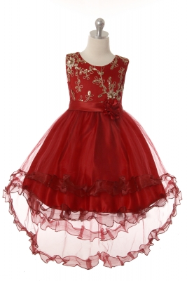 Girls Dress Style 1048 - Elegant Sleeveless Hi Low Dress with Gold Floral Applique in Choice of Colo